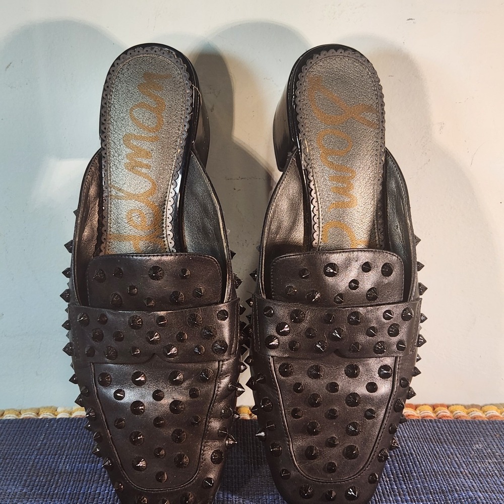 Sam Edelman Black Studded Mule Loafers Womens Size 9.5 M Slip On Block Heel Punk